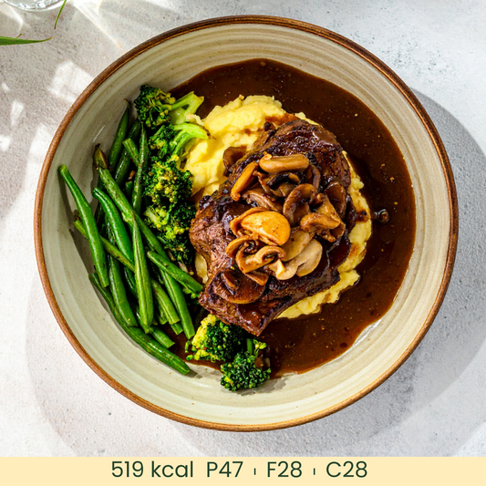 Mushroom Gravy Beef Steak with Celery root Mash (F)